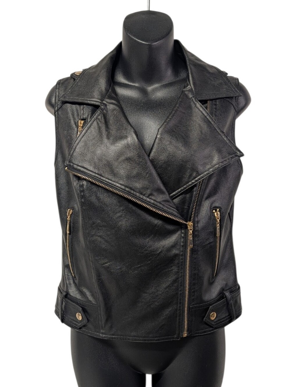 Arden B. Womens Black Faux Leather Moto Biker Vest Size M Full Zip Zipper Lined